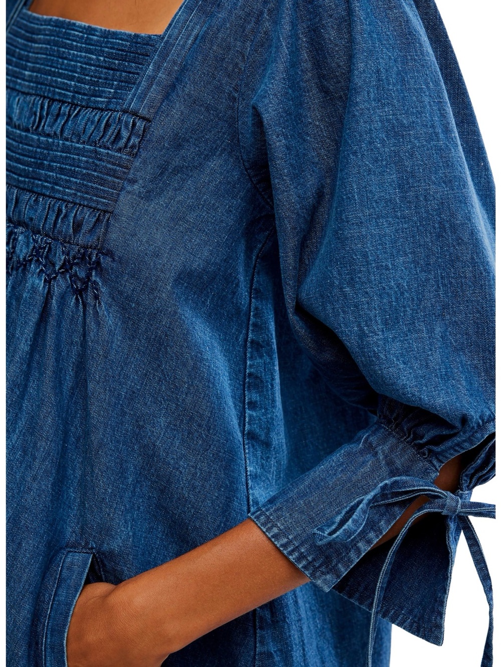 Free People Blue Denim Babydoll Mini Dress Square Neck Smocked Boho Cottagecore - Picture 5 of 13